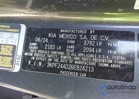 2024 Kia Forte Lxs z USA, uszkodzony, nr VIN 3KPF24AD2RE824213